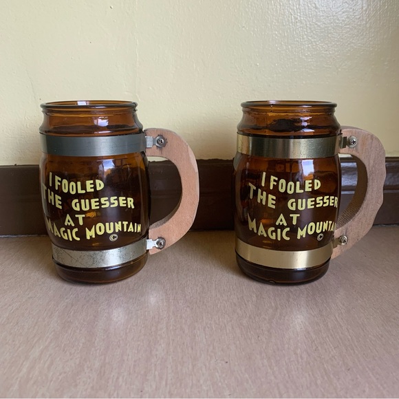 Vintage Lot of 2 Magic Mountain Glass Souvenir Mugs I Fooled The Guesser - Picture 1 of 8